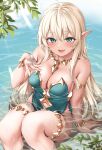  1girl :d aqua_eyes armlet bangs bare_shoulders beach blonde_hair blue_eyes blush bracelet breasts cleavage collarbone day dress ebifurya elf eyebrows_visible_through_hair hair_between_eyes hand_up highres jewelry large_breasts long_hair looking_at_viewer open_mouth original outdoors partially_submerged pointy_ears sidelocks sitting smile solo thighlet thighs water wet 