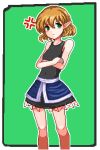  1girl anger_vein bangs black_shirt black_skirt blonde_hair blush border closed_mouth commentary_request crossed_arms eyebrows_visible_through_hair feet_out_of_frame green_background green_eyes looking_at_viewer lowres mizuhashi_parsee outside_border pixel_art pointy_ears shirt short_hair skirt smile solo touhou unk_kyouso white_border 