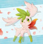  blush character_name commentary_request full_body green_eyes highres no_humans parted_lips petals pokemon pokemon_(creature) shaymin shii_(no-va_could) signature solo white_fur 