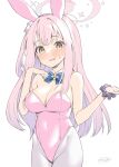  alternate_costume animal_ears binsen blue_archive blush breasts cleavage commentary_request halo highres large_breasts looking_at_viewer mika_(blue_archive) navel open_mouth pantyhose pink_hair playboy_bunny rabbit_ears signature simple_background white_background yellow_eyes 