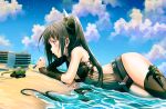  1girl absurdres architect_(girls&#039;_frontline) artist_name beach black_hair black_legwear black_shorts blue_sky breasts building cleavage cloud day eudetenis giant giantess girls&#039;_frontline highres long_hair lying medium_breasts micro_shorts ocean on_stomach outdoors purple_eyes sand sangvis_ferri shorts side_ponytail sky solo thighhighs 