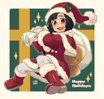  1girl :d bangs black_eyes black_hair boots border brown_border dress fox_girl fox_tail full_body hat holding holding_sack kukuri_(mawaru) long_sleeves looking_at_viewer mawaru_(mawaru) merry_christmas open_mouth original pantyhose red_dress sack santa_boots santa_costume santa_hat smile tail white_legwear 