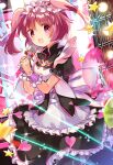  1girl absurdres blush dress heart highres holding holding_microphone honwaka_shinshi idol looking_at_viewer magia_record:_mahou_shoujo_madoka_magica_gaiden mahou_shoujo_madoka_magica makino_ikumi microphone multicolored_background pink_eyes pink_hair short_twintails smile solo star_(symbol) thighhighs twintails 