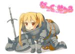  1girl all_fours armor bangs blonde_hair blush commentary_request dark_souls_(series) dark_souls_i eyebrows_visible_through_hair full_armor full_body hair_between_eyes headwear_removed heart helmet helmet_removed long_hair looking_at_viewer ooide_chousuke open_mouth red_eyes shadow sidelocks sieglinde_of_catarina simple_background solo sword translation_request twintails weapon white_background 