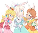  3girls animal_ears blonde_hair blue_dress blue_eyes brown_hair bunny crown dress earrings egg hoshikuzu_pan jewelry mario_(series) multiple_girls pink_dress platinum_blonde_hair princess_daisy princess_peach rabbit_ears rosalina smile super_mario_galaxy yellow_dress 