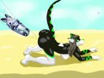  andromorph anthro black_body black_fur brown_hair female fur hair hi_res hybrid intersex jevpee_(character) laying_on_legs micro mingo_(character) pink_eyes sand sky smile tube unbirthing vaginal vore white_body white_fur 