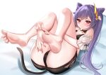  1girl alternate_eye_color ass bare_legs barefoot black_panties blush braid cat_tail double_bun frilled_sleeves frills genshin_impact hair_ornament hairclip katsushika_pachi keqing_(genshin_impact) legs lingerie looking_at_viewer lying on_back panties purple_hair red_eyes soles solo tail toes twintails underwear 