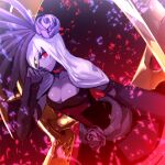  1girl beatrice_(wild_arms) breasts cleavage closed_mouth colored_skin dress fingernails flower glowing glowing_eye hair_flower hair_ornament highres hinomoto_madoka long_hair looking_at_viewer purple_hair purple_skin red_eyes sharp_fingernails smile solo wild_arms wild_arms_3 