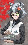  1girl absurdres animal_ear_fluff animal_ears black-framed_eyewear black_hair black_shirt commentary cropped_torso danzaburou-danuki_(kemono_friends) extra_ears eyebrows_visible_through_hair glasses green_eyes grey_hair hair_ornament highres kemono_friends leaf_hair_ornament long_sleeves multicolored_hair necktie pince-nez raccoon_ears shirt smile solo tanabe_(fueisei) upper_body vest white_vest 