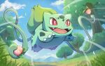  :d berry_(pokemon) bright_pupils bulbasaur bush claws cloud commentary_request day fangs grass holding jumping leaf leaves_in_wind no_humans open_mouth outdoors plant pokemon pokemon_(creature) red_eyes sky smile solo tongue tree vines white_pupils zeroki_(izuno) 