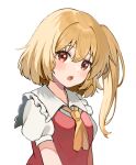  1girl ascot bangs banned_artist blonde_hair blush breasts brown_hair collared_shirt eyebrows_visible_through_hair fang flandre_scarlet frills hair_between_eyes light_brown_hair looking_at_viewer medium_breasts no_hat no_headwear one_side_up open_mouth puffy_short_sleeves puffy_sleeves red_eyes red_vest shirt short_hair short_sleeves simple_background solo tongue touhou upper_body vest white_background white_shirt yellow_ascot yuuka_nonoko 