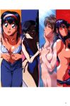  1990s_(style) 4girls arm_up bangs black_eyes black_hair breast_suppress brown_hair closed_eyes collarbone completely_nude earrings hairband highres hosokawa_reiko idol_boueitai_hummingbird jewelry long_hair looking_at_viewer multiple_girls navel non-web_source nude official_art one-piece_swimsuit open_mouth page_number panels parted_lips profile purple_hair retro_artstyle scan shower_head smile spraying swimsuit toreishi_kanna toreishi_satsuki toreishi_uzuki toreishi_yayoi unzipped yamauchi_noriyasu 