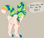  anthro anus arms_on_legs balls big_balls butt dialogue felid fur genitals green_body green_fur mammal pantherine presenting striped_body stripes talking_to_viewer text 