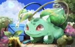  blurry bright_pupils bucket bulbasaur claws closed_mouth commentary_request cutiefly day hose no_humans outdoors plant pokemon pokemon_(creature) red_eyes sky smile sunkern vines water white_pupils zokune 