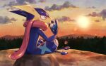  berry_(pokemon) cloud commentary_request dirty from_behind greninja holding no_humans orange_eyes outdoors pokemon pokemon_(creature) rock silhouette sitting sky solo sun sunset twilight yellow_pupils yoi_(207342) 