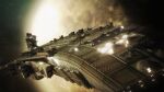  3d aircraft_carrier carrier commentary flying glowing gun landscape machinery military military_vehicle no_humans original outdoors planet realistic scenery science_fiction ship sky space spacecraft star_(sky) starry_sky togman-studio turret vehicle_focus warship watercraft weapon 