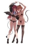  2girls :d absurdres animal_ears arm_up bangs bare_legs bikini black_bikini black_footwear black_legwear black_wings blush breasts brown_hair cat_ears cleavage cosplay demon_girl demon_tail demon_wings detached_sleeves fake_animal_ears green_eyes hair_ornament hairclip hand_on_hip high_heels highres higuchi_madoka idolmaster idolmaster_shiny_colors kitagawa_marin large_breasts long_hair looking_at_viewer mole mole_under_eye multiple_girls navel parted_lips pink_hair purple_eyes short_hair side-by-side smile sono_bisque_doll_wa_koi_wo_suru string_bikini swimsuit tail thighhighs v white_background wings yokii 