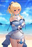  1girl bangs beach blonde_hair blue_bow blue_eyes blue_flower blue_rose blue_shirt blue_sky blush bow breasts cowboy_shot crossed_arms detached_sleeves flower genshin_impact hair_bow high-waist_shorts jean_(genshin_impact) jean_(sea_breeze_dandelion)_(genshin_impact) large_breasts long_hair looking_at_viewer o-ring_belt ocean patreon_username ponytail rose shirt shorts shrimp_cake sky sleeveless sleeveless_shirt solo sunlight thigh_strap white_shorts 