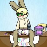  anthro banner brush bulge chest_tuft clothed clothing darlan_bunnit(character) darli_buni domestic_rabbit dutch_rabbit easter flustered hi_res holidays lagomorph leporid looking_away male mammal oryctolagus paint paint_bucket paintbrush presenting_crotch prosthetic prosthetic_arm prosthetic_limb rabbit shoulder_tuft simple_background solo spread_legs spreading tuft underwear underwear_only 