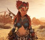  aloy_(horizon) bodypaint breasts game_console glitch horizon_forbidden_west horizon_zero_dawn navel nipples non-web_source playstation_4 red_hair tribal 