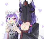  2girls baby black_nails blue_eyes clenched_hand collarbone english_commentary head_wings heart heterochromia highres horns lendivere lifting_person low_twintails mother_and_daughter multiple_girls nijisanji nijisanji_en open_hand purple_eyes purple_hair selen_tatsuki smile tiara twintails veil virtual_youtuber younger 