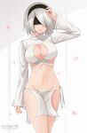  1girl absurdres arm_up artist_name bangs black_hairband blindfold blush breasts cleavage commentary commission evolved_virgin_killer_sweater hairband highres kuroyamii large_breasts lips long_sleeves looking_at_viewer medium_breasts meme_attire midriff navel nier_(series) nier_automata parted_lips pelvic_curtain petals revealing_clothes short_hair signature simple_background sleeves_past_wrists solo stomach thighs turtleneck white_hair yorha_no._2_type_b 