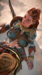  aloy_(horizon) bodypaint breasts game_console glitch highres horizon_forbidden_west horizon_zero_dawn navel nipples non-web_source playstation_4 red_hair tribal 