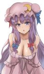  1girl :o bangs bare_shoulders blue_bow blue_ribbon blush bow breasts cleavage collarbone crescent crescent_hat_ornament dress eyebrows_visible_through_hair hair_bow hat hat_ornament highres large_breasts long_hair looking_at_viewer mob_cap namiki_(remiter00) open_mouth patchouli_knowledge purple_hair red_bow ribbon sidelocks simple_background solo striped striped_dress touhou vertical-striped_dress vertical_stripes very_long_hair white_background 