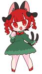  1girl :d animal_ears black_bow blush bow braid cat_ears cat_tail chibi dress extra_ears fang green_dress hair_bow highres juliet_sleeves kaenbyou_rin long_sleeves multiple_tails nekomata op_na_yarou open_mouth puffy_sleeves red_eyes red_hair smile solo tail touhou twin_braids 