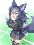  1girl animal_costume animal_ears dire_wolf_(kemono_friends) gloves kemono_friends kemono_friends_v_project looking_at_viewer necktie ribbon shirt simple_background skirt smile solo tail taurine_8000mg twintails virtual_youtuber wolf_costume wolf_ears wolf_girl wolf_tail 