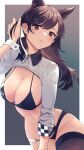  1girl absurdres adjusting_hair animal_ears atago_(azur_lane) atago_(stunning_speedster)_(azur_lane) azur_lane bangs black_hair black_legwear breasts cleavage commentary_request cowboy_shot extra_ears eyebrows_visible_through_hair eyelashes forehead hair_behind_ear hair_ribbon highres kazane-wind large_breasts long_hair mole mole_under_eye parted_bangs parted_lips red_eyes ribbon shrug_(clothing) simple_background single_thighhigh solo teeth thighhighs twisted_torso two-tone_background white_ribbon wolf_ears wolf_girl wrist_cuffs 