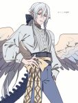  1boy black_bow blue_eyes bow feathered_wings grey_hair hair_bow hand_on_hip highres long_sleeves looking_at_viewer male_focus moe_(hamhamham) pointy_ears puffy_long_sleeves puffy_sleeves simple_background standing tail white_background wings 