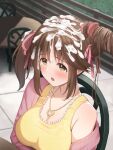  1girl blurry blush breasts brown_eyes brown_hair censored chair cum cum_on_hair depth_of_field frown hair_ribbon hairjob heart heart_necklace highres kurowan large_breasts long_hair mosaic_censoring off_shoulder penis ribbon scrunchie solo_focus table totoki_airi twintails 