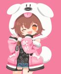  1girl :3 animal_hood animal_print bangs bare_legs black_shirt blush blush_stickers bone_print brown_hair chibi commentary denim denim_shorts dog_hood dog_print dog_tail hands_up hololive hood hood_up hoodie inugami_korone jacket looking_at_viewer off_shoulder one_eye_closed open_mouth orange_eyes pink_background pink_jacket pink_theme rizu_(rizunm) shirt short_hair shorts sidelocks simple_background sleeves_past_wrists smile solo tail twitter_username white_hood 