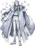  1boy absurdres belt bishounen blue_eyes bug butterfly coat facial_tattoo flower frosmoth fur_trim gloves grey_coat grey_hair highres long_hair long_sleeves looking_at_viewer male_focus moe_(hamhamham) moth pants personification pokemon solo standing tattoo very_long_hair white_background white_butterfly white_footwear white_gloves white_pants 