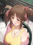  1girl blurry blush breasts brown_eyes brown_hair censored chair depth_of_field frown hair_ribbon hairjob heart heart_necklace highres kurowan large_breasts long_hair mosaic_censoring off_shoulder penis ribbon scrunchie solo_focus table totoki_airi twintails 