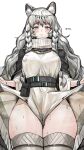  1girl absurdres animal_ear_fluff animal_ears arknights bangs belt belt_pouch between_legs black_capelet blush braid breasts capelet clothes_lift commentary_request covered_nipples cowboy_shot dated_commentary doodle_punch dress dress_lift eyebrows_visible_through_hair from_below grey_eyes grey_legwear highres korean_text large_breasts leopard_ears lifted_by_self long_hair long_sleeves looking_at_viewer looking_down mole mole_on_thigh no_panties parted_lips pouch pramanix_(arknights) silver_hair solo sweat thighhighs thighs turtleneck_dress twin_braids very_long_hair white_dress wristband 