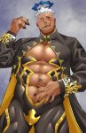  1boy :q abs_cutout angel bara baton_(conducting) black_bodysuit black_nails blue_halo bodysuit cleavage_cutout clothing_cutout dark-skinned_male dark_skin facial_tattoo grey_background half-closed_eyes halo hand_on_own_stomach highres israfil_(housamo) kansuke_(kansuke_717) large_pectorals looking_at_viewer male_focus muscular muscular_male open_mouth pectorals red_eyes short_hair shrug_(clothing) skin_tight smile solo tattoo tokyo_afterschool_summoners tongue tongue_out upper_body white_hair 