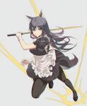  1girl alternate_costume animal_ears apron arknights black_dress black_footwear black_hair black_legwear breasts colored_inner_hair dress enmaided eyebrows_visible_through_hair frilled_apron frills from_above full_body grey_background highres holding holding_sword holding_weapon jumping kernel_killer leg_up looking_at_viewer looking_up maid medium_breasts multicolored_hair pantyhose puffy_short_sleeves puffy_sleeves red_hair short_sleeves simple_background solo sword tail texas_(arknights) two-tone_hair v-shaped_eyebrows weapon white_apron wolf_ears wolf_girl wolf_tail yellow_eyes 