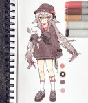  1girl :3 :d absurdres adapted_costume anny_(yoai) arm_at_side artist_name bandaid bandaid_on_leg bangs black_footwear black_headwear black_shorts black_sweater blush_stickers brown_hair color_guide flower full_body genshin_impact ghost grey_hair hat hat_flower highres hu_tao_(genshin_impact) long_hair long_sleeves looking_at_viewer marker marker_(medium) photo_(medium) red_eyes red_flower shoes shorts simple_background sleeves_past_wrists smile sock_garters socks standing sweater tassel traditional_media twintails very_long_hair white_background white_legwear 