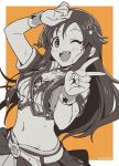  1girl ;d arm_up asada_hachi bangs banned_artist baseball_hair_ornament blush border breasts cleavage commentary crop_top eyebrows_visible_through_hair greyscale_with_colored_background hair_ornament hairclip hand_up happy highres himekawa_yuki idolmaster idolmaster_cinderella_girls long_hair looking_at_viewer midriff navel one_eye_closed open_mouth orange_background outside_border shirt short_sleeves simple_background smile solo star_(symbol) star_print sweat sweatband symbol-only_commentary teeth twitter_username upper_teeth v white_border 