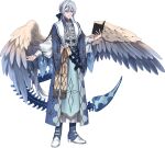  1boy absurdres arctovish blue_eyes book character_request check_character feathered_wings flower full_body grey_hair highres holding holding_book jewelry long_sleeves male_focus moe_(hamhamham) personification pointy_ears pokemon puffy_long_sleeves puffy_sleeves simple_background solo standing tail white_background white_flower wings 