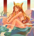  1girl animal_ears arknights bare_legs bare_shoulders barefoot bathing can ceobe_(arknights) closed_eyes closed_mouth collarbone dog_ears dog_girl dog_tail drinking fang kernel_killer long_hair naked_towel onsen orange_hair oripathy_lesion_(arknights) sitting skin_fang smile soda_can solo stretch tail towel very_long_hair water 