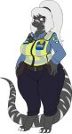  4_fingers absurd_res alpha_channel anthro barefoot big_breasts biped breasts clothed clothing dragon feet female fingers fully_clothed grey_body grey_eyes grey_scales hair half-closed_eyes hi_res looking_at_viewer narrowed_eyes police_uniform ponytail scales scalie shyranrya_vichi simple_background smile solo standing striped_body striped_scales stripes transparent_background uniform vdisco white_body white_hair white_scales wide_hips 