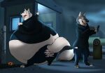  2016 anthro belly big_belly bottomwear canid canine canis claws clothed clothing dessert disney doughnut duo eye_contact fangs fence food fur gary_(zootopia) grey_body grey_fur hectorthewolf holding_object holding_phone jacket keychain larry_(zootopia) looking_at_another male mammal morbidly_obese morbidly_obese_anthro morbidly_obese_male obese obese_anthro obese_male open_mouth outside overweight overweight_anthro overweight_male pants phone raised_tail rear_view standing toe_claws tongue topwear torn_bottomwear torn_clothing torn_pants underwear white_body white_fur wolf zootopia 