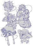  2girls :d adjusting_clothes adjusting_headwear blouse blush bow buttons closed_eyes closed_mouth commentary diamond_button dou_(doudouzi) eyebrows_visible_through_hair floral_print frilled_shirt_collar frilled_sleeves frills greyscale hair_between_eyes hair_ornament hairband hat hat_bow head_rest heart heart_button heart_hair_ornament heart_of_string high_heels highres knee_up komeiji_koishi komeiji_satori light_frown long_sleeves looking_at_viewer looking_to_the_side medium_hair messy_hair monochrome multiple_girls one_eye_covered open_mouth pointy_ears rose_print short_hair siblings sisters skirt smile teeth third_eye touhou upper_teeth wavy_hair wide_sleeves 
