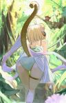  1girl absurdres andira_(granblue_fantasy) antenna_hair ass bare_shoulders bent_over blonde_hair blue_swimsuit detached_sleeves double_bun facing_away feet_out_of_frame forest from_behind granblue_fantasy highres long_sleeves medium_hair monkey monkey_tail nature one-piece_swimsuit shiro_wa_(shiroshironix) solo swimsuit tail thigh_gap thigh_strap 