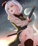  1girl absurdres black_bow black_bowtie black_hairband black_legwear black_ribbon bob_cut bow bowtie breasts collared_shirt green_eyes green_skirt green_vest hair_ribbon hairband highres hitodama hitodama_print katana konpaku_youmu konpaku_youmu_(ghost) open_mouth ribbon scabbard sheath shirt short_hair short_sleeves silver_hair skirt skirt_set small_breasts socks solo sword touhou v-shaped_eyebrows vest weapon white_shirt yukirowashi 