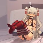  1girl amatsukaze_(kancolle) arms_behind_back bangs bdsm bikini black_bikini black_headwear blush bondage bound bound_legs breasts cad_(caddo) commentary_request eyebrows_visible_through_hair gagged gloves hat highres indoors kantai_collection long_hair looking_at_viewer mini_hat no_shoes open_mouth red_legwear rope shibari silver_hair sitting small_breasts solo swimsuit thighhighs two_side_up very_long_hair white_gloves yellow_eyes 