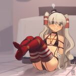 1girl amatsukaze_(kancolle) arms_behind_back bangs bdsm bikini black_bikini black_headwear blush bondage bound bound_legs breasts cad_(caddo) clenched_teeth commentary_request eyebrows_visible_through_hair gloves hat highres indoors kantai_collection long_hair looking_at_viewer mini_hat no_shoes red_legwear rope shibari silver_hair sitting small_breasts solo swimsuit teeth thighhighs two_side_up very_long_hair white_gloves yellow_eyes 